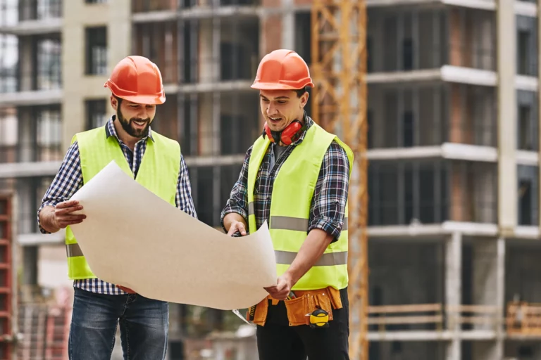 look-here-two-young-builders-working-uniform-helmets-are-holding-construction-drawing